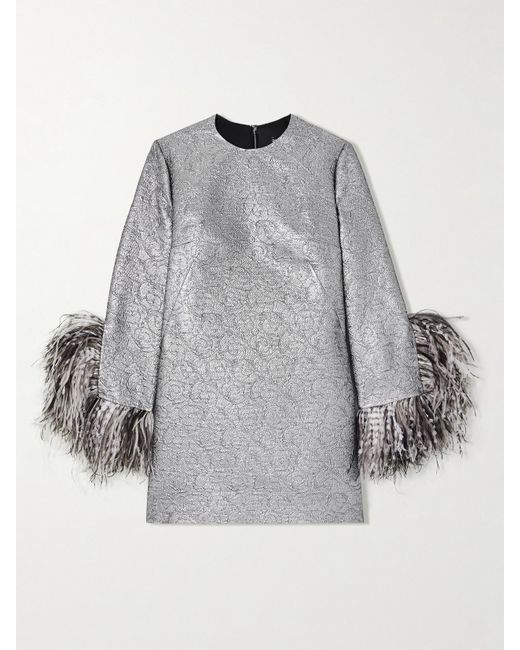 Dolce & Gabbana Gray Minikleid Aus Metallic-Jacquard Mit Federn