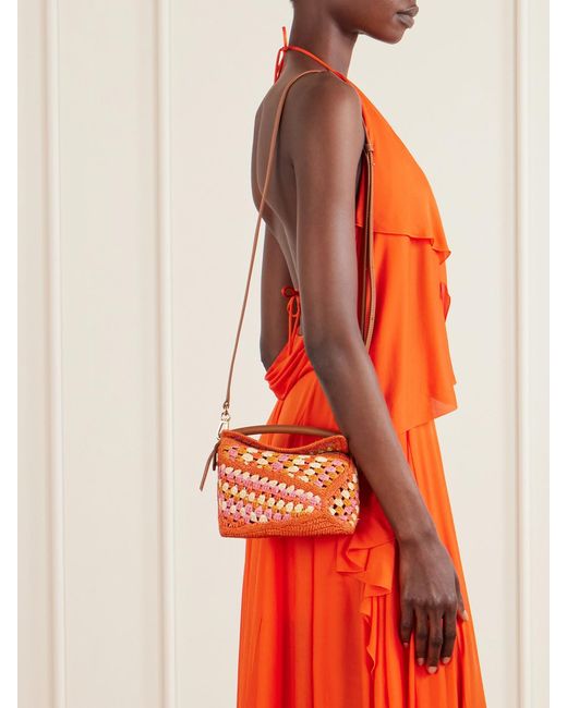 Loewe Orange Paula's Ibiza Puzzle Edge Mini Leather-Trimmed Crocheted Raffia Shoulder Bag