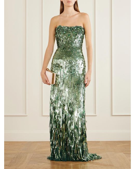 Jenny Packham Green Kimi Frayed Sequined Tulle Gown