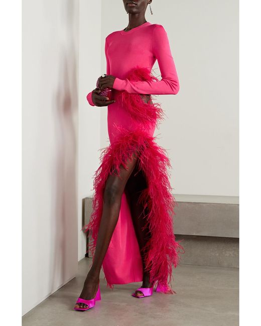 LAPOINTE Pink Cutout Feather-Trimmed Stretch-Knit Maxi Dress