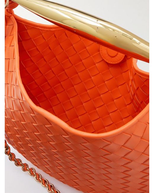 Bottega Veneta Orange Sardine Small Intrecciato Leather Shoulder Bag With Chain