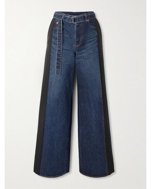 Sacai Blue Jeans Mit Weitem Bein, Einsätzen Aus Einer Wollmischung Und Gürtel