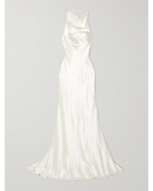 Danielle Frankel White Stella Open-back Silk And Wool-blend Satin Halterneck Gown