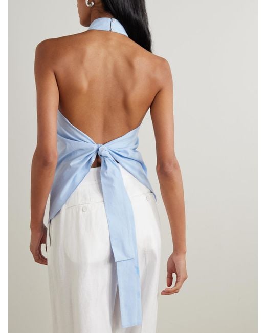 St. Agni Blue Open-Back Gathered Organic Cotton-Poplin Halterneck Top