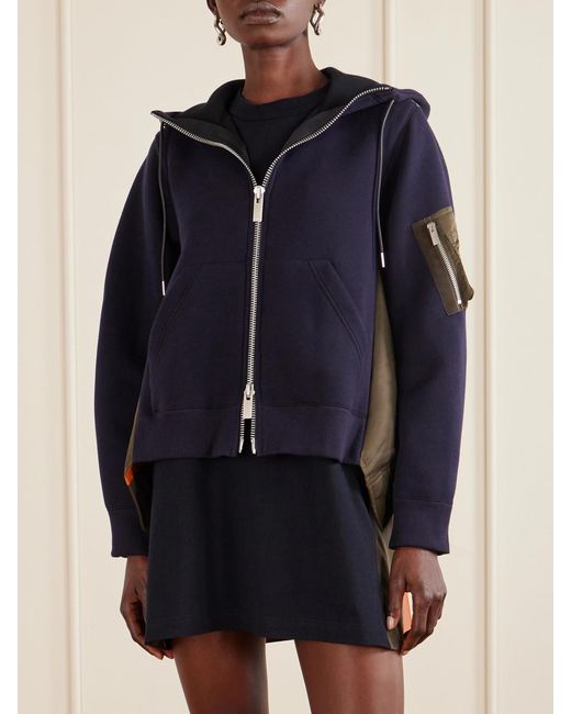 Sacai Blue Sponge Sweat Shell-Paneled Cotton-Blend Jersey Zip-Up Hoodie