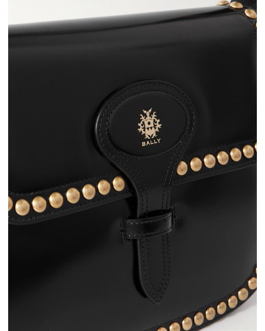 Bally Black Beckett Flat Medium Studded Glossed-Leather Shoulder Bag