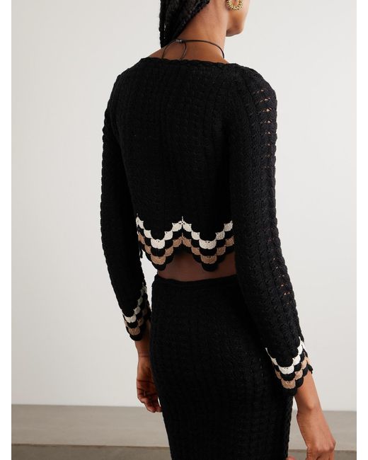 Escvdo Black Sumac Cropped Scalloped Crocheted Cotton Top