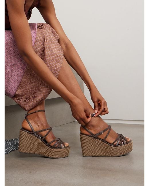 Jimmy Choo Natural Nyra 110 Braided Suede And Leather Espadrille Wedge Sandals