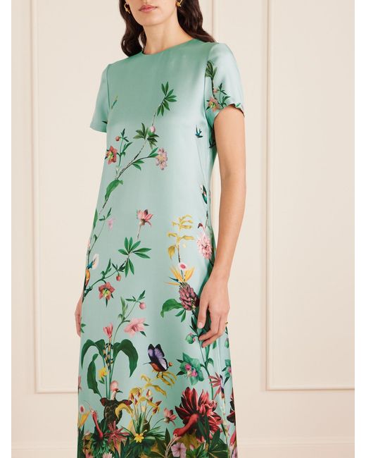 LaDoubleJ Blue Swing Feather-Trimmed Printed Silk-Twill Maxi Dress