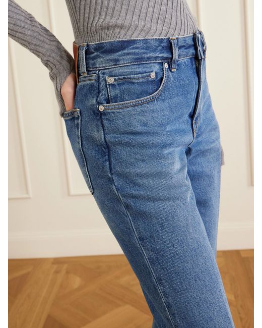 Victoria Beckham Blue Leather-Trimmed Low-Waist Flared Jeans