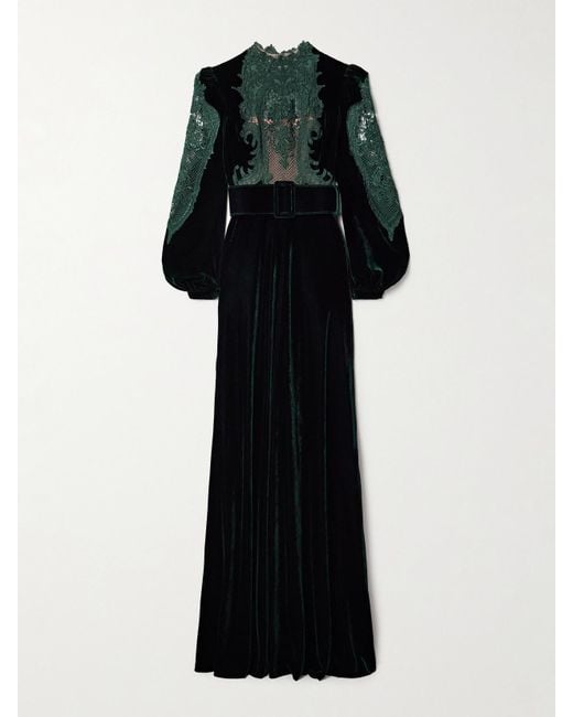Costarellos Black Belted Corded Lace-Trimmed Velvet Gown