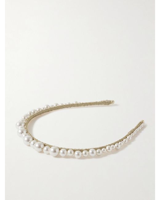Jennifer Behr Natural Belladonna Pearl-Embellished Metallic Knitted Headband