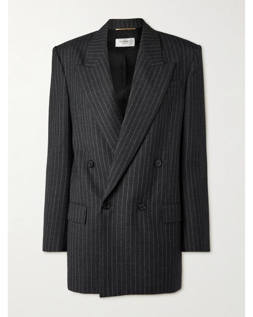 Saint Laurent Black Oversized Double-Breasted Pinstriped Wool-Flannel Blazer