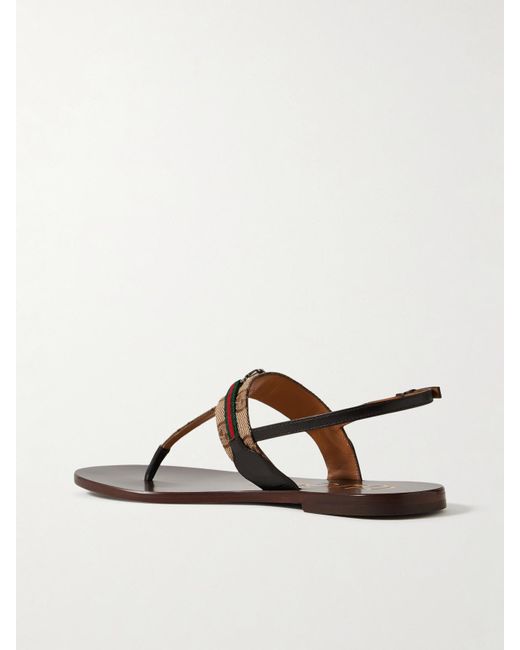 Gucci Natural Kika Logo-Embellished Webbing And Leather-Trimmed Canvas-Jacquard Sandals