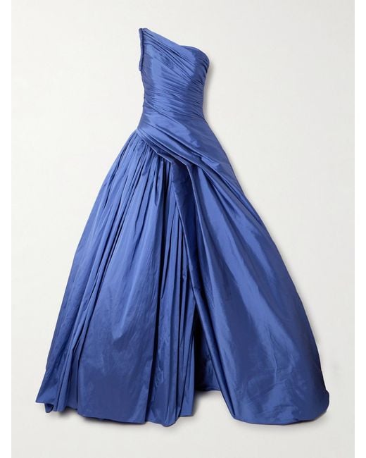 Marmar Halim Blue One-Shoulder Draped Taffeta Gown