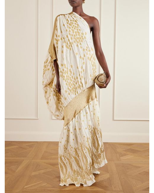 Dima Ayad Natural One-Shoulder Draped Metallic Fil Coupé Gown