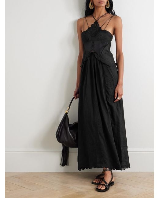 Isabel Marant Black Lindy Lace-Trimmed Embroidered Ramie Maxi Dress
