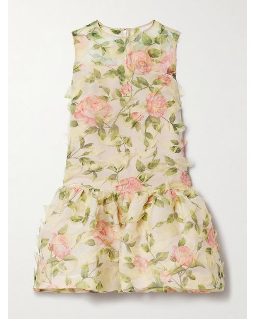 Oscar de la Renta Natural Tiered Floral-Print Silk-Blend Georgette Mini Dress