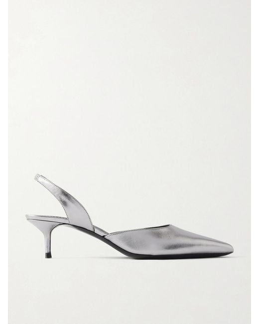 Staud White Metallic Leather Slingback Pumps