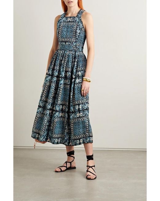 Ulla Johnson Blue Kerani Open-Back Printed Cotton-Poplin Midi Dress