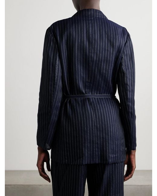 Brunello Cucinelli Blue Double-Breasted Belted Metallic Pinstriped Cotton-Blend Blazer