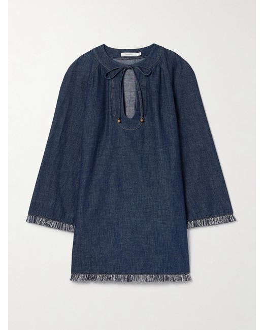 Zimmermann Blue Rhiannon Mini-Jeanskleid Mit Fransen Zum Binden