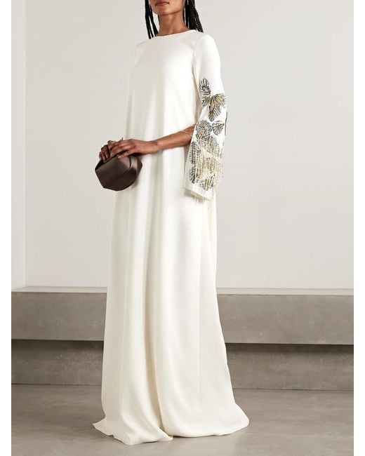 Oscar de la Renta White Embroidered Embellished Silk-Blend Crepe Gown