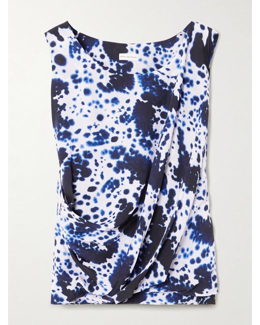 Dries Van Noten Blue Draped Printed Satin Top