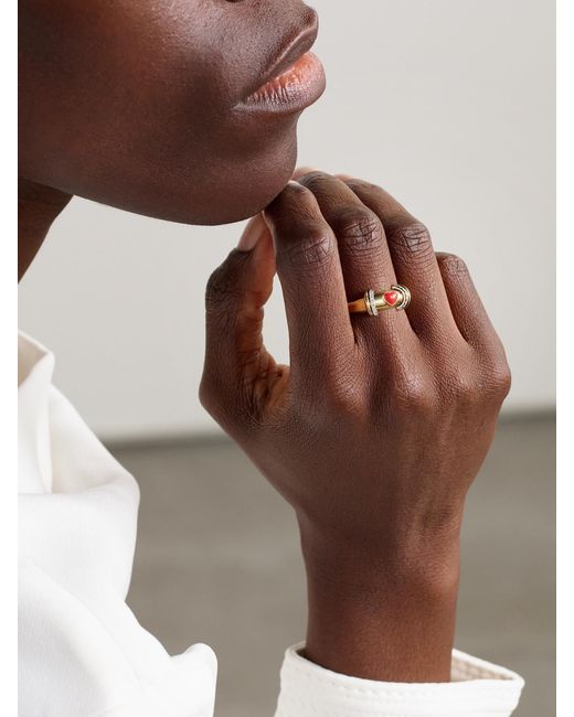 L'Atelier Nawbar Natural Warrior Venus 18-Karat, Rhodium-Plated, Coral And Diamond Ring