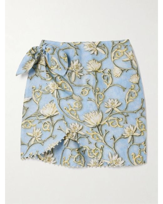 Agua Bendita Blue Agustina Soledad Faux Pearl-Embellished Floral-Print Linen Pareo