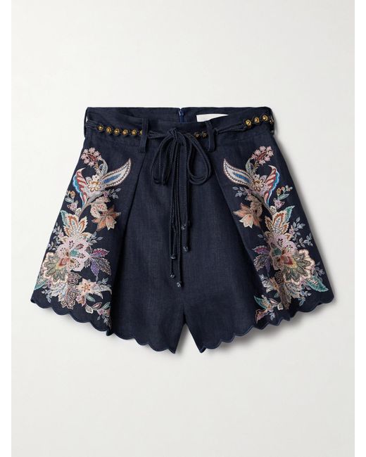 Short En Lin À Imprimé Fleuri Et À Ceinture Rhiannon Zimmermann en coloris Blue