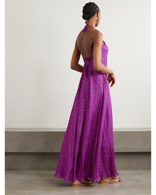 Johanna Ortiz Purple Net Sustain Majestic Power Embellished Silk-Blend Chiffon Halterneck Maxi Dress
