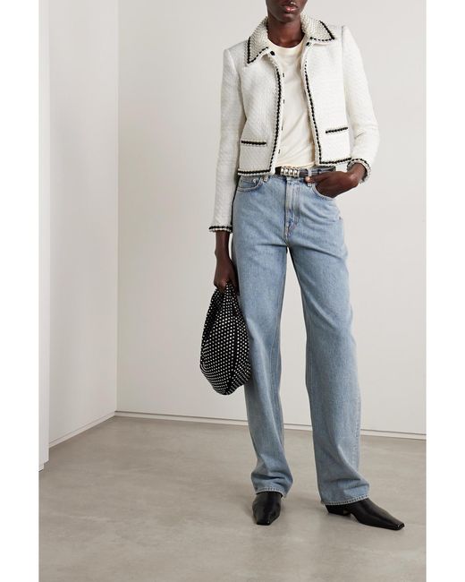 Alice + Olivia Natural Kidman Cropped Bead-Embellished Tweed Jacket