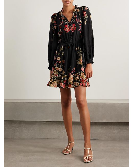 Sea Black Jolie Ruffled Floral-Print Crepe De Chine Mini Dress