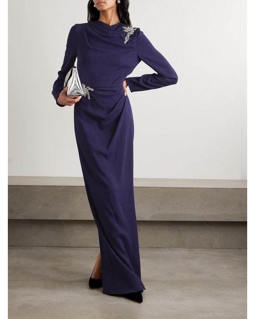 Erdem Blue Draped Embellished Appliquéd Crepe Gown