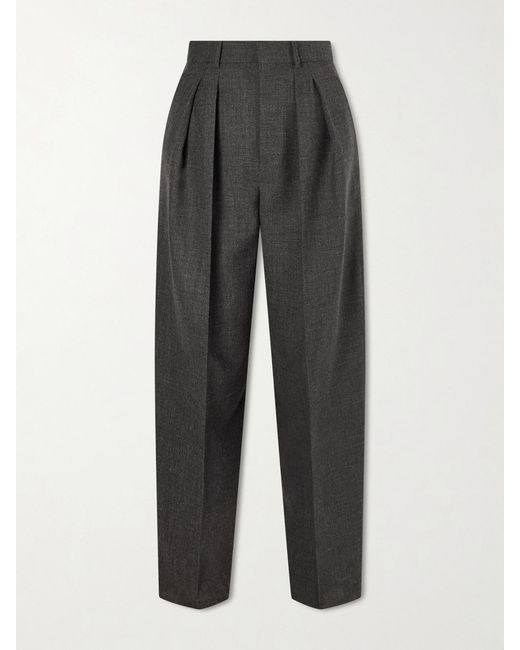 Saint Laurent Gray Wool Wide-Leg Pleated Pants