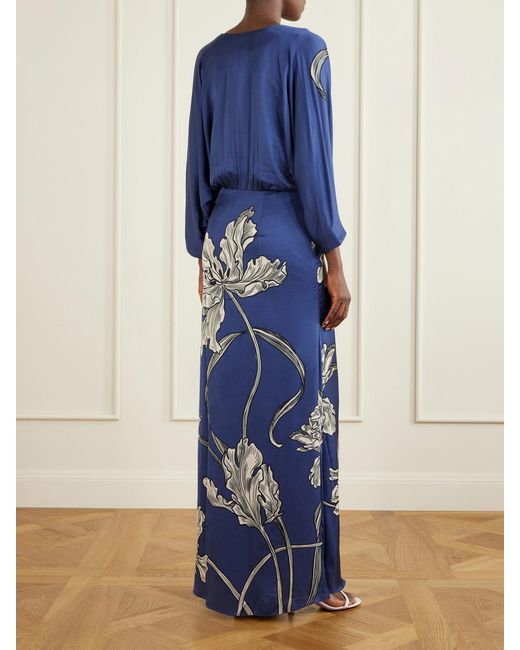 ANDRES OTALORA Blue Olanna Printed Gathered Cotton Maxi Dress