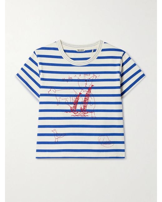Bode Blue Sails Margate Verkürztes T-Shirt Aus Baumwoll-Jersey Mit Prints Und Stickereien
