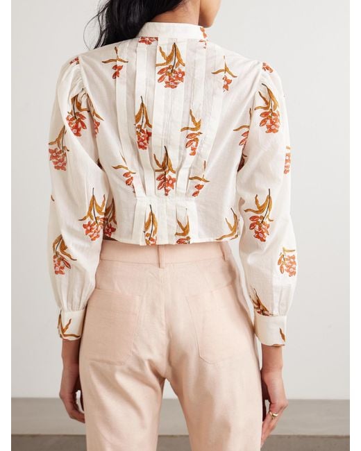 Alix Of Bohemia Natural Ryland Persimmon Cropped Pleated Floral-Print Cotton-Voile Blouse