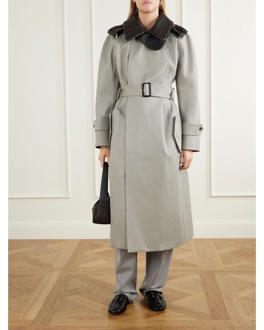 Bottega Veneta Gray Belted Intrecciato Leather-Trimmed Cotton-Gabardine Coat