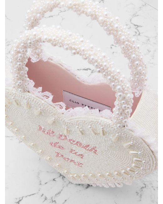 Clio Peppiatt White Til Death Do Us Part Lace-Trimmed Beaded Twill Tote