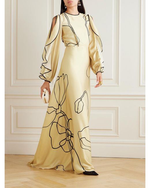 Costarellos Natural Priela Ruffled Cutout Floral-Print Satin Gown