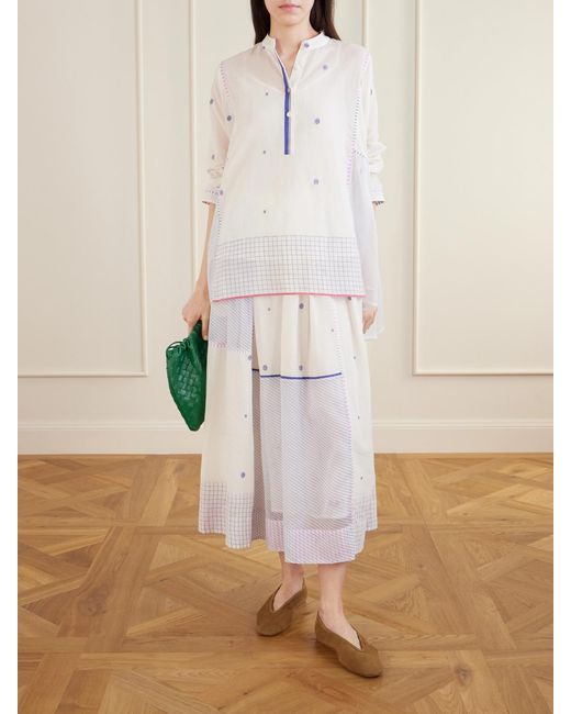 Eka White Gathered Striped Cotton-Jamdani Midi Skirt