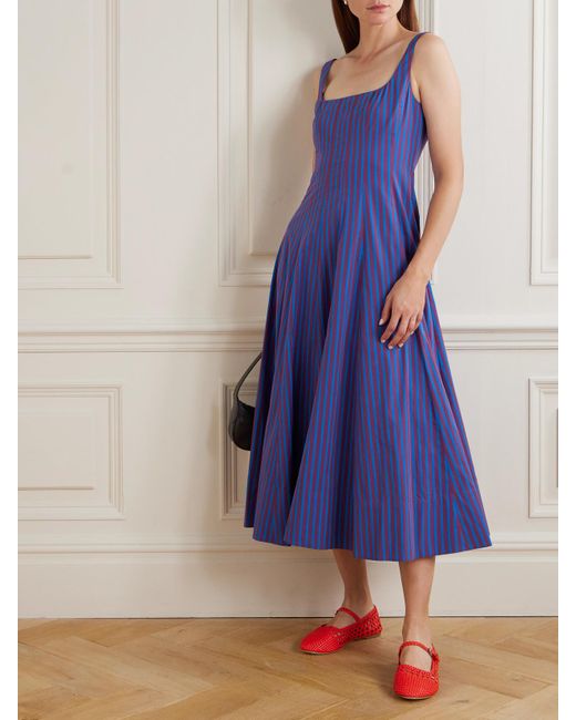 Staud Blue Wells Pleated Striped Cotton-Blend Poplin Midi Dress