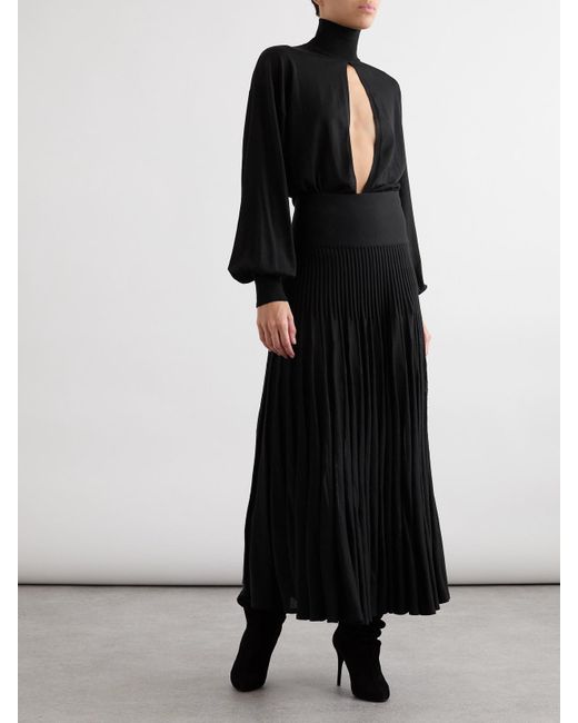 Alaïa Black Pleated Wool Midi Skirt