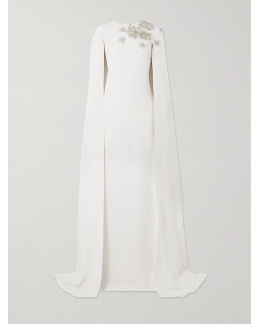 Zuhair Murad White Crystal-Embellished Cape-Effect Cady Gown