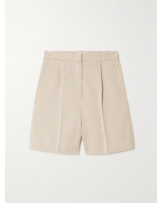 Max Mara Natural Zampino Pleated Striped Cotton And Silk-Blend Shorts