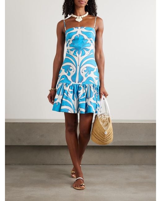 ANDRES OTALORA Blue Joyita Tiered Printed Linen Mini Dress