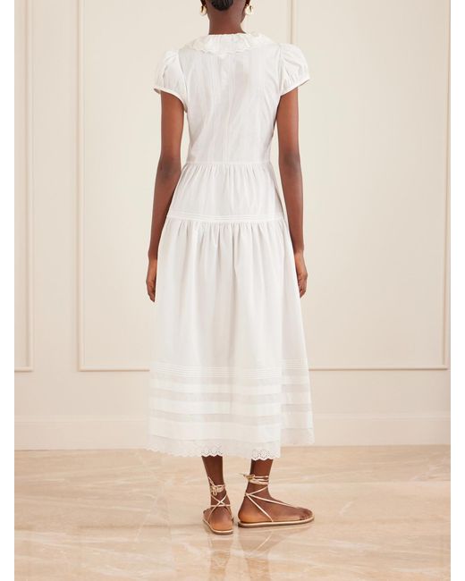Doen White Eliette Ruffled Brodeire Anglaise-Trimmed Organic Cotton Midi Dress