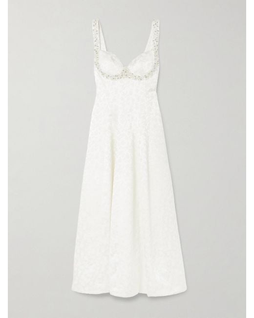 Jonathan Simkhai White Charlotte Embellished Pleated Satin-Jacquard Midi Dress